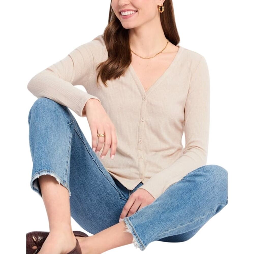 SANCTUARY Top Size L NEW Only Gaze Knit Top Buttons Cream Oat V Neck